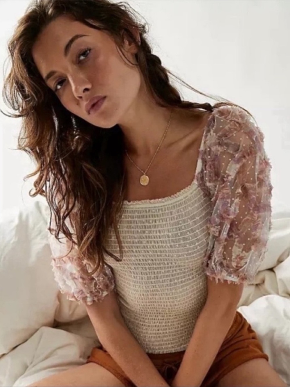 NWOT Free People Silverlake Picnic Cami Top Smocked Puff Sleeve Ivory Pink Small